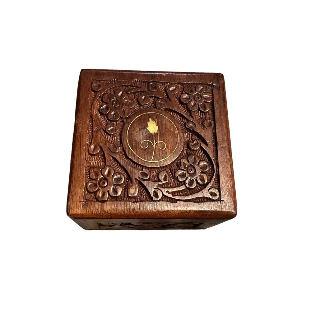 Floral Carved Wooden Box False Bottom Brass Inlay India Stash Secret